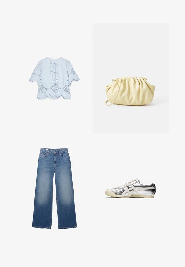 Beige dubbelzijdige trenchcoat met grote knopen, zijzakken en een achterventilatie. Beschikt over een brede kraag en een gladde stofstructuur.; Marineblauwe cropped cardigan gemaakt van zacht materiaal, met lange mouwen, ronde halslijn en zes knopen aan de voorkant.; Lichtblauwe blouse met een scalloped zoom en kantdetails. Beschikt over een knoopsluiting aan de voorkant en uitlopende mouwen. Zachte stof en intricat patroon.; Wijdvallende, lichtblauwe denim jeans met een verouderde uitstraling, vijf zakken en een knoopsluiting bij de taille. Katoenen materiaal, rechte pasvorm.; Zilveren metallic sneaker met witte accenten en veters. Beschikt over een gestructureerd oppervlak, een ronde neus en een rubberen zool met een patroon voor grip.; Geel geplooide handtas van soepel nepleer, met een zachte vorm, een enkele schouderriem en een verzameld ontwerp aan de bovenkant.