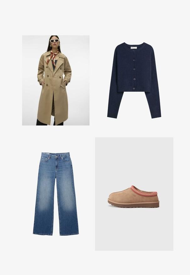 Beige dobbelknappet trenchcoat med store knapper, sidelommer og en rygslids. Har en bred krave og en glat stofstruktur.; Marineblå kort cardigan lavet af blødt materiale med lange ærmer, rund halsudskæring og seks knaplukninger foran.; Hvid langærmet top lavet af glat stof. Har en rund halsudskæring, dropped shoulders og en afslappet pasform med let buet kant.; Bredde denimjeans i lys blå med en falmet overflade, fem lommer og en knaplukning i taljen. Lavet af bomuldsstof, lige snit.; UGG TASMAN II - Slip-on sandaler - rocky oak