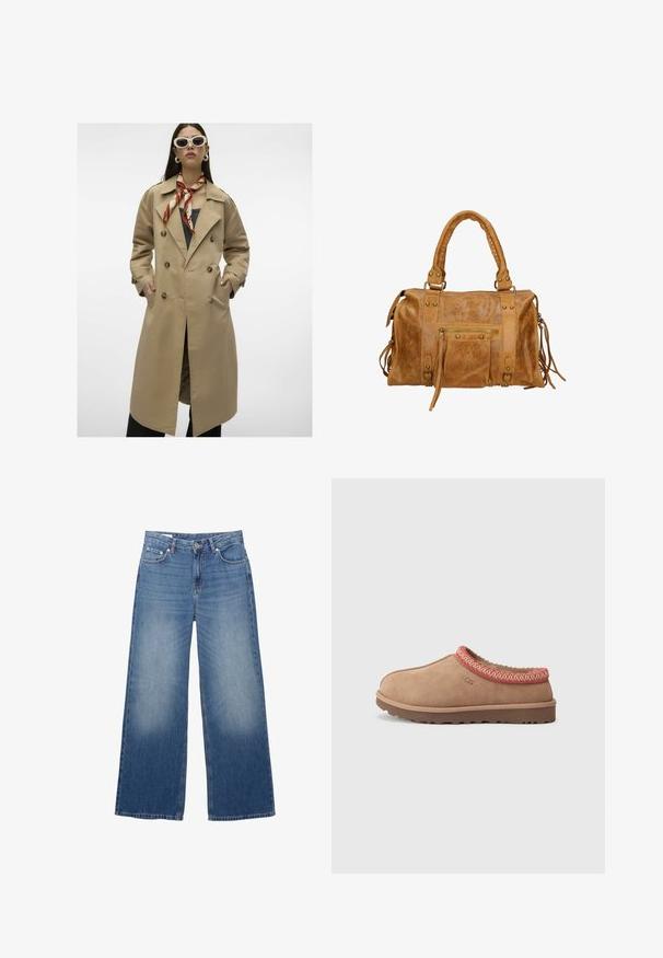 Beige Doppelreiher-Trenchcoat mit großen Knöpfen, Seitentaschen und einem Schlitz hinten. Verfügt über einen breiten Kragen und eine glatte Stofftextur.; Marinefarbener, kürzer geschnittener Cardigan aus weichem Material mit langen Ärmeln, rundem Halsausschnitt und sechs Knöpfen, die vorne geschlossen werden.; Weißes Langarmoberteil aus glattem Stoff. Mit rundem Ausschnitt, überschnittenen Schultern und lockerem Schnitt mit leicht geschwungener Saumlinie.; Weite, hellblaue Denim-Jeans mit verwaschenem Aussehen, fünf Taschen und einem Knopfverschluss an der Taille. Baumwollmaterial, gerade geschnitten.; UGG TASMAN II - Hausschuh - rocky oak; Tasche aus braunem Leder mit zwei kurzen Griffen, Reißverschlussfach, metallischen Akzenten und dekorativen seitlichen Quasten. Weiche Textur mit einer leicht zerknitterten Oberfläche.