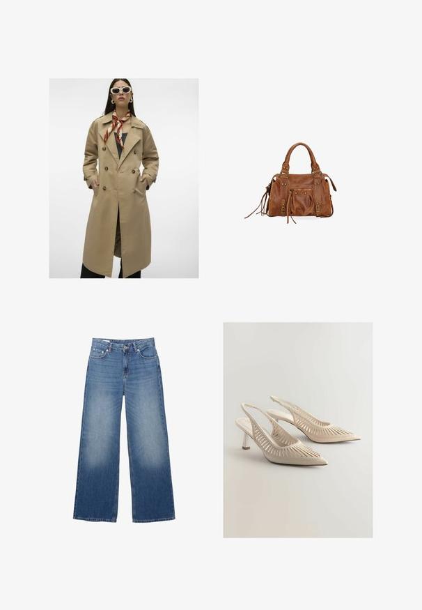 Beige dubbelzijdige trenchcoat met grote knopen, zijzakken en een achterventilatie. Beschikt over een brede kraag en een gladde stofstructuur.; Marineblauwe cropped cardigan gemaakt van zacht materiaal, met lange mouwen, ronde halslijn en zes knopen aan de voorkant.; Witte lange mouwen top van gladde stof. Heeft een ronde halslijn, verlaagde schouders en een ontspannen pasvorm met een licht gebogen zoom.; Wijdvallende, lichtblauwe denim jeans met een verouderde uitstraling, vijf zakken en een knoopsluiting bij de taille. Katoenen materiaal, rechte pasvorm.; Beige slingback hakken met puntige neuzen, voorzien van een uitgesneden gestreept ontwerp, geweven details en een kleine blokhak. Gladde afwerking.; Bruine leren handtas met twee hengsels aan de bovenkant, ritszakken en decoratieve franje. Kenmerkt zich door metalen studs en een gestructureerd oppervlak.