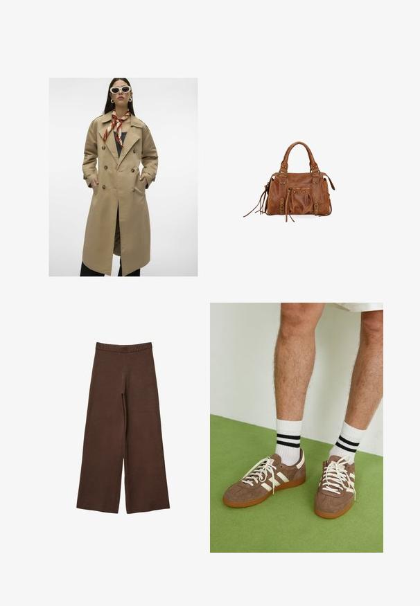 Beige double-breasted trench coat with large buttons, side pockets, and a back vent. Features a wide collar and smooth fabric texture.; Navy cropped cardigan made of soft material with long sleeves, round neckline, and six button closure along the front.; White long-sleeve top made of smooth fabric. Features a round neckline, dropped shoulders, and a relaxed fit with slightly curved hem.; Brown wide-leg pants made of soft fabric, featuring a ribbed elastic waistband and no visible closures or pockets.; Brown suede sneakers with white accents and laces. Rubber gum sole. Worn with white socks featuring black stripes. Green textured flooring.; Brown leather handbag with two top handles, zippered pockets, and decorative fringes. Features metal studs and textured surface.