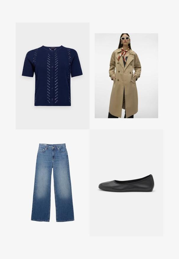 Trench coat doppiopetto beige con grandi bottoni, tasche laterali e un'apertura sul retro. Presenta un ampio colletto e una texture di tessuto liscia.; Cardigan a maglia di colore blu navy con maniche corte, caratterizzato da motivi a coste e chiusura frontale con bottoni. Tessuto morbido e texturizzato con una silhouette aderente.; Top bianco a maniche lunghe realizzato in tessuto morbido. Caratterizzato da un collo rotondo, spalle cadenti e una vestibilità rilassata con orlo leggermente curvato.; Jeans in denim chiaro a gamba larga, dall'aspetto sbiadito, con cinque tasche e chiusura a bottone in vita. Materiale in cotone, taglio dritto.; Pantofole da balletto nere in pelle con punta arrotondata, texture liscia, dettagli di cucitura minimi e design con suola flessibile.