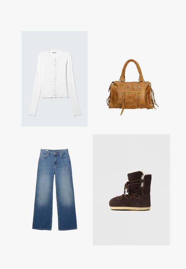 Beige double-breasted trench coat with large buttons, side pockets, and a back vent. Features a wide collar and smooth fabric texture.; Long-sleeve white cardigan made of smooth fabric, featuring a round neckline and a row of button closures down the front.; White long-sleeve top made of smooth fabric. Features a round neckline, dropped shoulders, and a relaxed fit with slightly curved hem.; Wide-leg, light blue denim jeans with a faded appearance, five pockets, and a button closure at the waist. Cotton material, straight cut.; Brown suede boot with a white faux fur top, lace ties, and a tan rubber sole. The side features the text "MOON BOOT."; Tan leather handbag with two short handles, zip pocket, metal accents, and decorative side tassels. Soft texture with a slightly wrinkled finish.