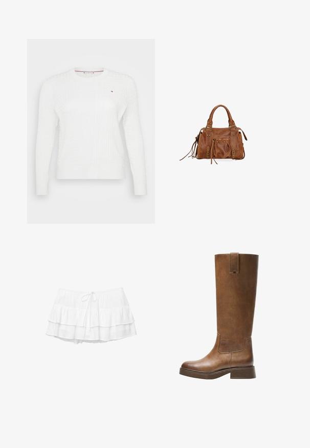 Beige dubbelzijdige trenchcoat met grote knopen, zijzakken en een achterventilatie. Beschikt over een brede kraag en een gladde stofstructuur.; Witte gebreide trui met een gestructureerd diamantpatroon, ronde halslijn en lange mouwen. Kleine logo-accent op de borst.; Witte gelaagde rok met drie gerimpelde lagen, elastische tailleband en trekkoorddetail. Gemaakt van lichtgewicht, gestructureerde stof.; Bruine leren laars tot de knie met een ronde neus, gestructureerd oppervlak en een lage, gestapelde hak. Beschikt over een zijpaneel en een aantrektap aan de bovenkant.; Bruine leren handtas met twee hengsels aan de bovenkant, ritszakken en decoratieve franje. Kenmerkt zich door metalen studs en een gestructureerd oppervlak.