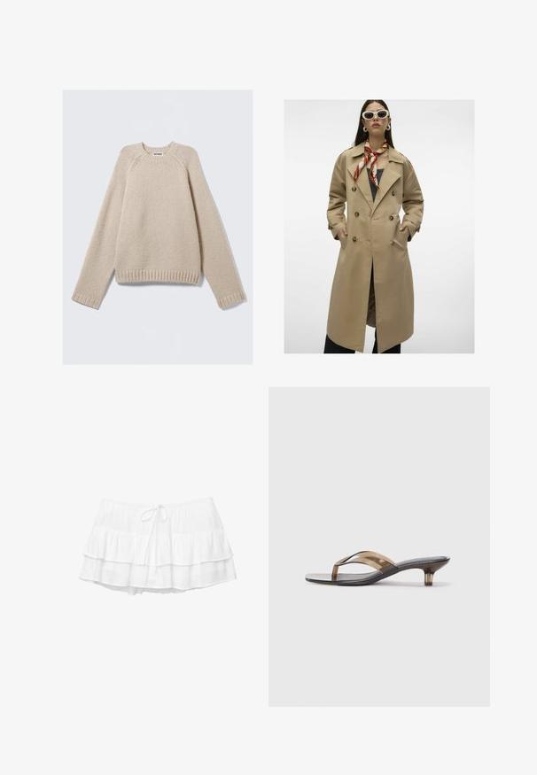 Beige, dupla soros trench kabát nagy gombokkal, oldalsó zsebekkel és hátsó szellőzővel. Széles gallérral és sima szövet textúrával rendelkezik.; Beige kötött pulóver hosszú raglán ujjal, bordás mandzsettával és alsó résszel, világos háttéren kifektetve.; Fehér, réteges szoknya három fodros résszel, elasztikus derékbőséggel és húzózsinórral. Könnyű, texturált anyagból készült.; Átlátszó sarkú papucs vékony pántos dizájnnal, fekete talppal és világosbarna kiegészítőkkel, minimalista esztétikát kínál.