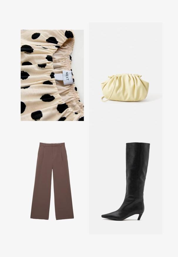 Trench coat doppiopetto beige con grandi bottoni, tasche laterali e un'apertura sul retro. Presenta un ampio colletto e una texture di tessuto liscia.; Tessuto crema con pois neri, caratterizzato da una texture arricciata. L'etichetta riporta "NEXT".Focus sul motivo del tessuto e sui dettagli dell'arricciatura elastica.; Pantaloni a gamba larga in tessuto marrone uniforme, con una trama liscia, pieghe frontali e una vita su misura. Senza loghi o motivi visibili.; RAID FLAURA - Stivali alti - black; Borsa plissettata gialla in morbida pelle ecologica, con una forma morbida, una sola tracolla e un design superiore arricciato.; Due anelli d'oro sono esposti, uno spesso e arrotondato, l'altro sottile e piatto. Entrambi presentano una superficie liscia e lucida con una finitura lucidata.