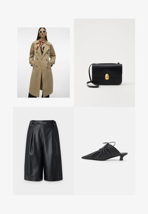 Béžový dvouřadý trenčkot s velkými knoflíky, postranními kapsami a rozparkem vzadu. Má široký límec a hladkou texturu látky.; Bílý žebrovaný top bez rukávů se černým vyšitým logem uprostřed hrudi. Výstřih a otvory na ruce jsou zakončeny jemným lemováním.; Max Mara Leisure ORTLES - Šortky - nero; Černé kožené slip-on mule s špičatou špicí, shromážděnou texturou a malým podpatkem. Vlastnosti zahrnují stahovací detail na otvoru.; Černá kožená kabelka se strukturovaným obdélníkovým tvarem. Obsahuje zlatou oválnou sponu a tenký ramenní popruh. Hladký povrch.