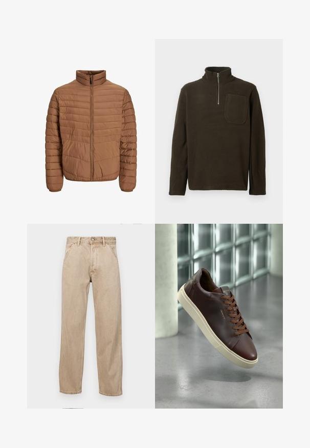 Ruda pūkinė striukė su aukštu kaklu, vertikaliomis siūlėmis, pilnu priekyje užtrauktuku ir elastingomis rankogaliais. Lygus, lengvas audinio tekstūra.; Rudas vilnos megztinis su aukštu apykakle, pusiau užtrauktuku ir krūtine kišenė. Švelni tekstūra ir laisvas siluetas, ilgos rankovės.; Smėlio spalvos džinsai su tiesia kojų siluetu, turintys priekinę kišenę, metalinį mygtuką ir subtilią tekstūrą.; Rudos odos sportbačiai su apvaliu pirštu, rudomis raištelėmis ir kreminės spalvos guma. Skiriamieji ženklai minimalūs, esančių šone.