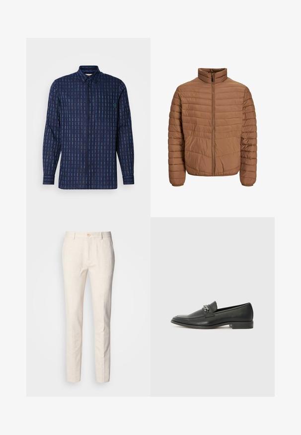 Hnedá páperová bunda s vysokým golierom, vertikálnym prešívaním, plným predným zipsom a elastickými manžetami. Hladká, ľahká tkanina.; Námornícka košeľa s dlhým rukávom s horizontálnym a vertikálnym prúžkovaným vzorom v rôznych odtieňoch modrej. Obsahuje golier, predné vrecko a zapínanie na gombíky.; Svetlo béžové, strihané nohavice vyrobené z mäkkej tkaniny. Obsahujú zapínanie na gombík, pútka na opasok a štíhly, priamy strih s minimálnou štruktúrou.; Čierne kožené loafers s hladkým povrchom, s prešitým dizajnom a dekoratívnym kovovým reťazovým akcentom cez priehlavok. Plochý podpätok.