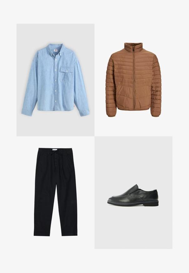 Chaqueta de plumas marrón con cuello alto, costuras verticales, cremallera frontal completa y puños elásticos. Textura de tela suave y ligera.; Camisa de botones azul claro hecha de tela chambray. Presenta un cuello, mangas largas y un bolsillo en el pecho con tapa y botón.; Pier One Pantalones chinos - black; Zapato negro de cuero sin cordones con un upper suave, detalles de costura, punta redonda y un bajo tacón de goma. La suela presenta una tracción mínima.