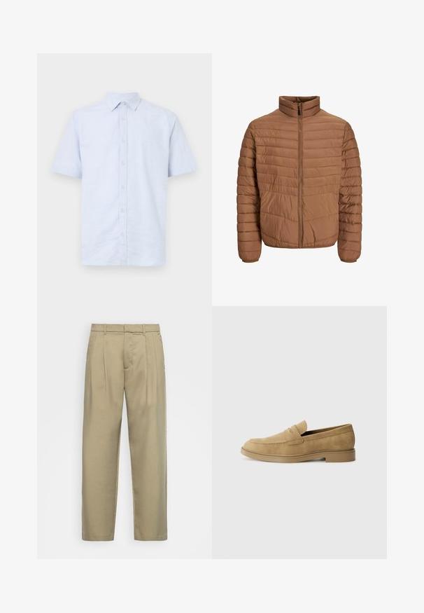 Ruda pūkinė striukė su aukštu kaklu, vertikaliomis siūlėmis, pilnu priekyje užtrauktuku ir elastingomis rankogaliais. Lygus, lengvas audinio tekstūra.; Šviesiai mėlynas trumpomis rankovėmis marškinėliai, pagaminti iš medvilnės. Turi sagčių užsegimą, smailų apykaklę ir matomus siūlus palei siūles.; Šviesiai rudos, aukšto liemens kelnes su tiesia kirpimu, su plokščiu priekiniu paviršiumi, šoninėmis kišenėmis ir lygiu, tekstūruotu audiniu.; Smėliniai odiniai loaferiai su apvaliu pirštu, žemu blokuoto kulno ir siūlėmis ant viršutinės dalies. Lygi tekstūra ir minimalistiškas dizainas.