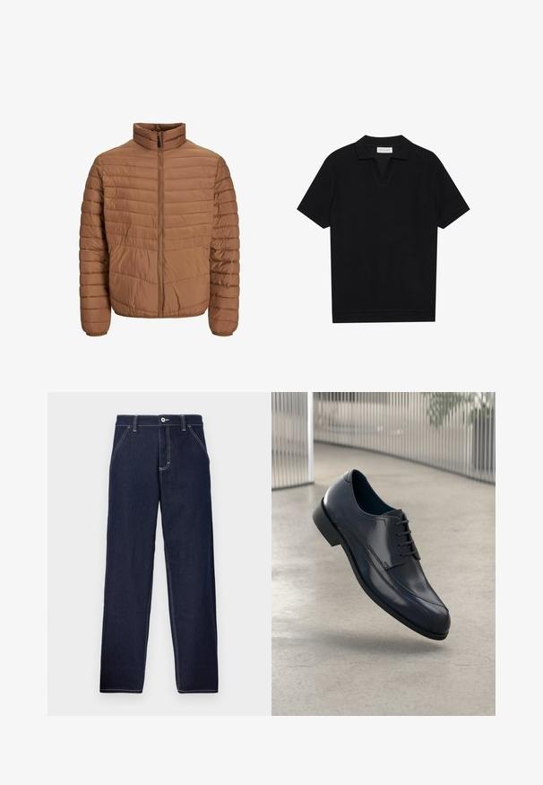 Pruun puffjakker kõrge kraega, vertikaalse õmblusega, täispikk tõmblukk ja elastsed mansetid. Sile, kerge kangastekstuuri.; Must päikesepolo särk mustas värvitoonis, valmistatud tekstuurses ribakangas, millel on V-kaelus ja sirge äär. Ilma nähtavate logode või mustriteta.; Tumed sinine teksapüksid otse jala disainiga, kontrastselt kohalduva õmblusega, nööbiga esineel closingut, ja traditsioonilise viie tasku stiiliga.; Läike must nahkne king, millel on paelad, hõljuv siledate heledate halli põranda kohal ning taustal vertikaalsed metallist vardad.