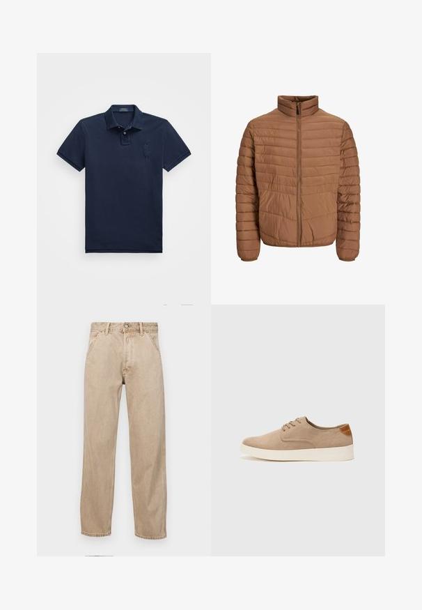 Hnědá péřová bunda s vysokým límcem, vertikálním prošíváním, plným předním zipem a elastickými manžetami. Hladká, lehká struktura látky.; Námořnicky modré polo triko s krátkým rukávem vyrobené z bavlny, s předním zapínáním na tři knoflíky, límcem a vyšívaným logem na levé hrudi.; Béžové džíny z denimu se středně širokým střihem, vybavené předními kapsami, kovovým zapínáním na knoflík a jemnou texturou.; Béžové semišové tenisky s kulatou špičkou, šněrováním vpředu a texturovaným zadním akcentem. Bílá gumová podrážka poskytuje kontrast. Jednoduchý a moderní design.