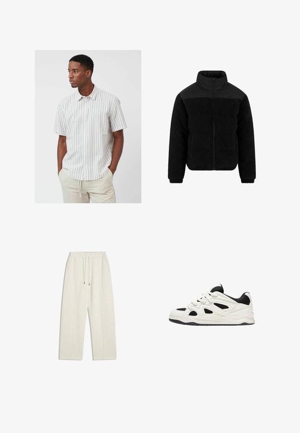 Urban Classics Winterjacke - black; Kurzarm-Hemd mit Knopfleiste in hellgrau-weiß gestreift, aus atmungsaktivem Material, mit klassischem Kragen und abgerundetem Saum.; Hellbeige, weite Sweatpants aus weichem Material. Mit elastischem Bund und Kordelzug sowie seitlichen Taschen für praktischen Nutzen.; Weiß-schwarze Sportschuhe mit einer strukturierten Sohle, die auf der Seite ausgeschnittene Designs und Schnürsenkel aufweisen, sowie eine gepolsterte Ferse für Unterstützung.