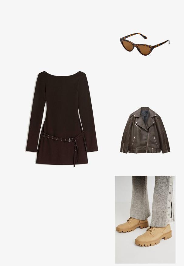 Hnědá koženka motorkářské bundy s širokými klopami, stříbrnými zipy na kapsách a rukávech a nastavitelnými pásky u spodního okraje.; Černé šaty s dlouhým rukávem a širokým výstřihem, s páskem v oblasti pasu s kovovými oči a hladkou texturou látky.; Hnědé kožené šněrovací kotníkové boty s masivní podrážkou, s texturovaným povrchem, zaoblenou špičkou a kontrastními výstupky na podrážce.; Sluneční brýle ve stylu kočičích očí s černo-oranžovým želvovinovým rámem, hnědými skly a elegantními, špičatými konci. Obsahují minimalistické logo na straně.; Zlatá kabelka má texturovanou látku s kulatými kovovými nýty, trojúhelníkovou logo destičku a řetízkový popruh s kulatými kovovými očky.