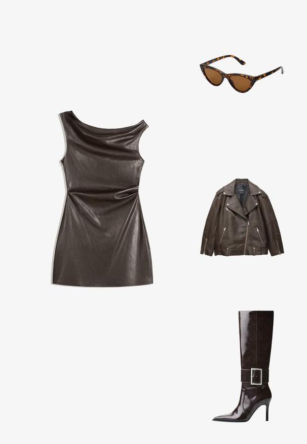 Brązowa kurtka motocyklowa z sztucznej skóry z szerokimi klapami, srebrnymi zamkami błyskawicznymi na kieszeniach i rękawach oraz regulowanymi paskami na dole.; Czarna sukienka bez rękawów z gładkiej sztucznej skóry, z dekoltem w kształcie kołnierza i dopasowaną sylwetką z kanciastym wykończeniem.; Ciemnobrązowe, skórzane botki do kolan z ostry szpic, szpilką oraz szerokim paskiem z dużą prostokątną srebrną klamrą.; Okulary przeciwsłoneczne w kształcie kocich oczu z czarno-pomarańczową oprawą w deseń żółwia, brązowymi soczewkami i eleganckimi, spiczastymi końcówkami. Posiadają minimalistyczne logo na zauszniku.; Złota torba na ramię ma teksturowaną tkaninę z okrągłymi metalowymi ćwiekami, trójkątną płytkę z logo oraz łańcuchowy pasek z okrągłymi metalowymi oczkami.