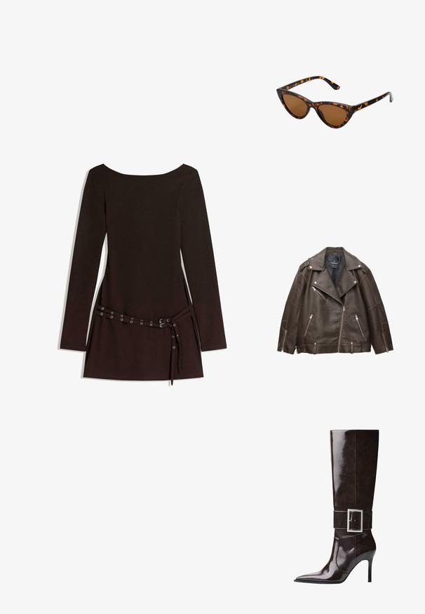 Brown faux leather biker jacket with wide lapels, silver zippers on pockets and sleeves, and adjustable belt straps at the hem.; Black long-sleeve dress with a wide neckline, featuring a belted waist with metal eyelets and a smooth fabric texture.; Dark brown knee-high leather boot with pointed toe, stiletto heel, and wide strap with large rectangular silver buckle.; Cat-eye sunglasses with a black and orange tortoiseshell frame, brown lenses, and sleek, pointed tips. Features a minimal logo on the temple.; Gold handbag features textured fabric with round metallic studs, a triangular logo plate, and a chain strap with round metal grommets.