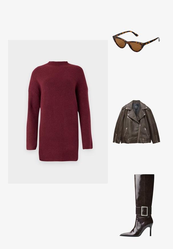 Brun faux læder bikerjakke med brede klapper, sølv lynlåse på lommer og ærmer, samt justerbare bæltestropper i kanten.; Burgunderrød strikket sweater med høj hals, ribbet tekstur, lange ærmer og en afslappet pasform, der har drop shoulder og lige kant.; Mørkebrune knæhøje læderstøvler med spids tå, stiletto-hæl og bred rem med stort rektangulært sølvspænde.; Kat-ejede solbriller med en sort og orange skildpaddemønstret stel, brune linser og slanke, spidse ender. Har et minimalistisk logo på skabelsen.; Gul håndtaske har struktureret stof med runde metalnitter, en triangel logo plade og en kædestropp med runde metaløjer.