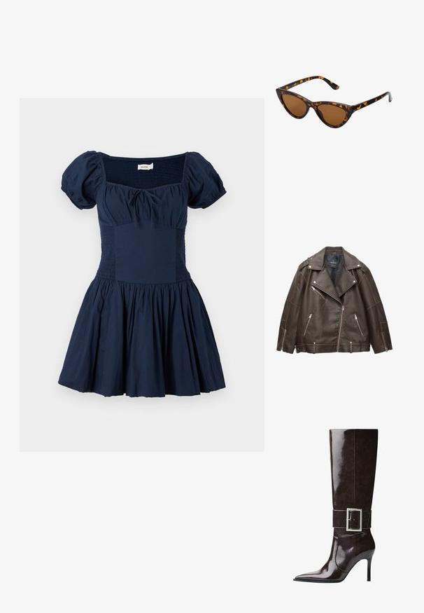 Braune Kunstleder-Bikerjacke mit breiten Revers, silbernen Reißverschlüssen an Taschen und Ärmeln sowie verstellbaren Gürtelschlaufen am Saum.; Dunkelblaues Kleid mit Puffärmeln, quadratischem Ausschnitt und gerafftem Oberteil. Ausgestellter Rock mit gerafftem Stoff, aus leichtem Baumwollmaterial gefertigt.; Dunkelbraune knöchelhohe Lederstiefel mit spitzer Spitze, Stiletto-Absatz und breitem Riemen mit großer rechteckiger silberner Schnalle.; Katzenaugen-Sonnenbrille mit einem schwarz-orangenen Schildpattrahmen, braunen Gläsern und schlanken, spitzen Enden. Verfügt über ein minimalistisches Logo am Bügel.; Die goldene Handtasche verfügt über einen strukturierten Stoff mit runden, metallischen Nieten, einem dreieckigen Logoschild und einem Kettenriemen mit runden Metallösen.