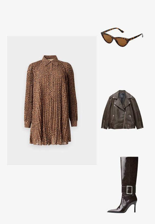 Giacca biker in finta pelle marrone con ampi risvolti, cerniere argento su tasche e maniche, e cinturini regolabili all'orlo.; Abito con stampa leopardata marrone, tessuto leggero, maniche lunghe con polsini, design plissettato, dettaglio colletto, lunghezza sopra il ginocchio.; Stivale in morbida pelle marrone scuro, alto fino al ginocchio, con punta affusolata, tacco a stiletto e ampia fascia con grande fibbia rettangolare in argento.; Occhiali da sole cat-eye con una montatura tartarugata nera e arancione, lenti marroni e punte affusolate e eleganti. Presentano un logo minimale sulla asta.; La borsa a tracolla dorata presenta un tessuto testurizzato con borchie metalliche rotonde, una placca con logo triangolare e una tracolla a catena con occhielli metallici rotondi.