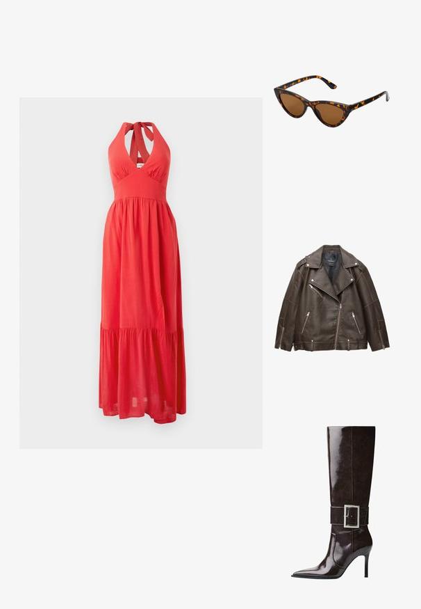 Jachetă de motociclist din piele ecologică maro, cu rever larg, fermoare argintii la buzunare și mâneci, și curele ajustabile la tiv.; Rochie maxi roșie cu bretele halter, decolteu adânc în V, corset ajustat și fustă fluidă cu volane. Fabricată dintr-un material ușor, cu o textură netedă.; Botă din piele maro închis, până la genunchi, cu vârf ascuțit, toc stiletto și curea lată cu o cataramă mare rectangulară din argint.; Ochelari de soare în stil cat-eye, cu o ramă din material cu tortoiseshell negru și portocalie, lentile maro și vârfuri elegante, ascuțite. Prezintă un logo minimal pe brățara ochelarilor.; Geanta de mână aurie are un material texturat cu studs metalici rotunzi, o placuță cu logo triunghiular și o curea din lanț cu eyelets metalice rotunde.