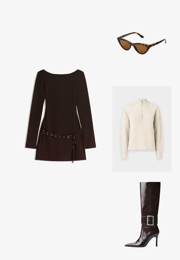 Brun faux læder bikerjakke med brede klapper, sølv lynlåse på lommer og ærmer, samt justerbare bæltestropper i kanten.; Lys beige ribbet sweater med høj krave, kvart lynlås og lange ærmer. Blød tekstur med et subtilt mønster.; Sort langærmet kjole med vid halsudskæring, prydet med en bælte i taljen med metaløjer og en glat stofstruktur.; Mørkebrune knæhøje læderstøvler med spids tå, stiletto-hæl og bred rem med stort rektangulært sølvspænde.; Kat-ejede solbriller med en sort og orange skildpaddemønstret stel, brune linser og slanke, spidse ender. Har et minimalistisk logo på skabelsen.; Gul håndtaske har struktureret stof med runde metalnitter, en triangel logo plade og en kædestropp med runde metaløjer.