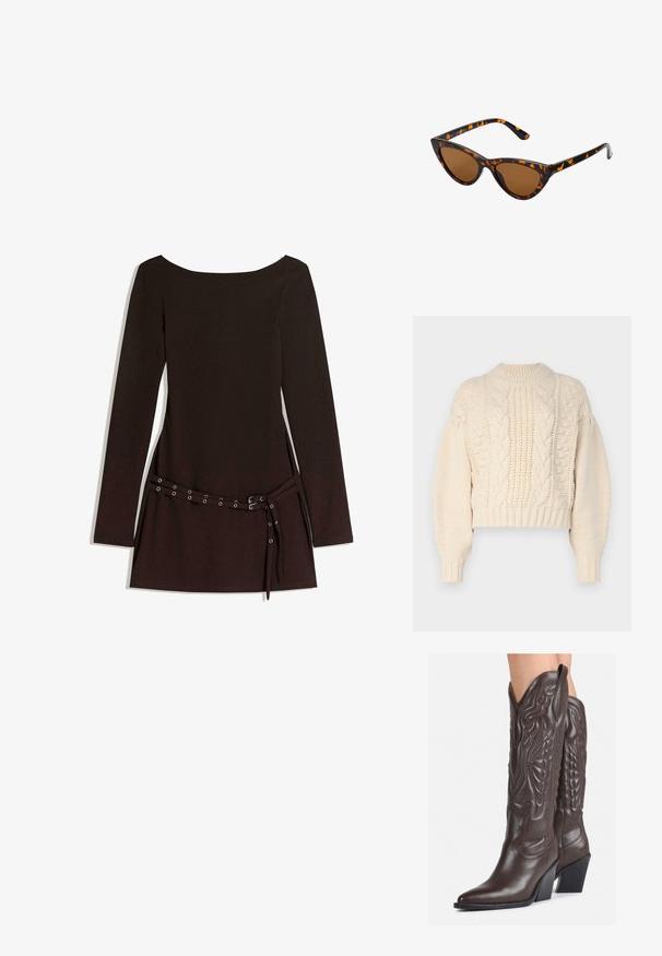 Giacca biker in finta pelle marrone con ampi risvolti, cerniere argento su tasche e maniche, e cinturini regolabili all'orlo.; Maglione corto color crema con un tricot strutturato, caratterizzato da motivi a treccia e polsini a coste. Il tessuto sembra morbido e consistente.; Abito nero a maniche lunghe con scollatura ampia, caratterizzato da una vita cinturata con occhielli in metallo e una texture di tessuto liscia.; Stivali da cowboy in pelle marrone con punta affusolata e tacco a blocco, caratterizzati da dettagliati ricami e accenti rialzati sul gambale.; Occhiali da sole cat-eye con una montatura tartarugata nera e arancione, lenti marroni e punte affusolate e eleganti. Presentano un logo minimale sulla asta.; La borsa a tracolla dorata presenta un tessuto testurizzato con borchie metalliche rotonde, una placca con logo triangolare e una tracolla a catena con occhielli metallici rotondi.