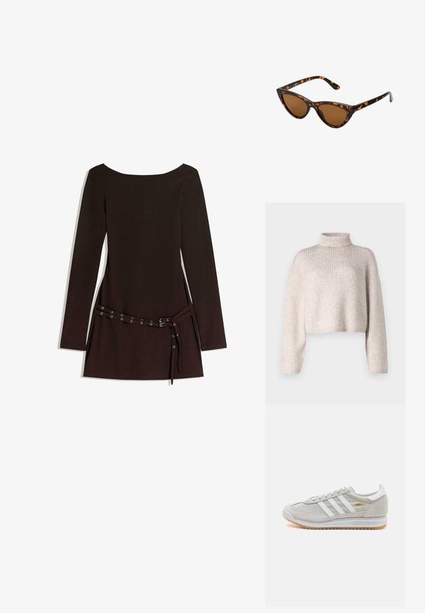 Bruine faux leren motorjack met brede revers, zilveren ritsen op de zakken en mouwen, en verstelbare riemlussen aan de zoom.; Crème gebreide trui met een hoge kraag, cropped ontwerp en lange mouwen. Zachte textuur, lichtgewicht stof en minimale details.; Zwarte jurk met lange mouwen en een brede halslijn, voorzien van een tailleriem met metalen oogjes en een gladde stofstructuur.; Lichtgrijze sneaker van suede en mesh, met drie witte strepen, ronde neus en een gumrubberen zool. Gouden logo-accent bij de veters.; Cat-eye zonnebril met een zwart en oranje schildpadframe, bruine lenzen en slanke, puntige uiteinden. Bevat een minimalistisch logo op de poot.