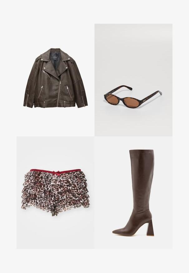 Brązowa kurtka motocyklowa z sztucznej skóry z szerokimi klapami, srebrnymi zamkami błyskawicznymi na kieszeniach i rękawach oraz regulowanymi paskami na dole.; Biała koszula z długim rękawem, z klasycznym kołnierzykiem, o strukturalnym kroju i subtelnymi pionowymi szwami dla dodatkowego detalu.; Kwiatowe szorty w lamparcie cętki z warstwowymi falbanami, posiadające czerwony koronkowy pasek w talii i małą kokardkę z przodu.; RAID TENBY brązowy; Okulary przeciwsłoneczne w kształcie owalu w kolorze tortoise z brązowymi soczewkami, ustawione pod kątem, aby pokazać logo "QUAY" na prawej świątyni na jednolitym tle.; Brązowa torebka z zamszu z wydłużonymi uchwytami, prostokątnym kształtem i gładką fakturą. Brak widocznych okucia lub zdobień.