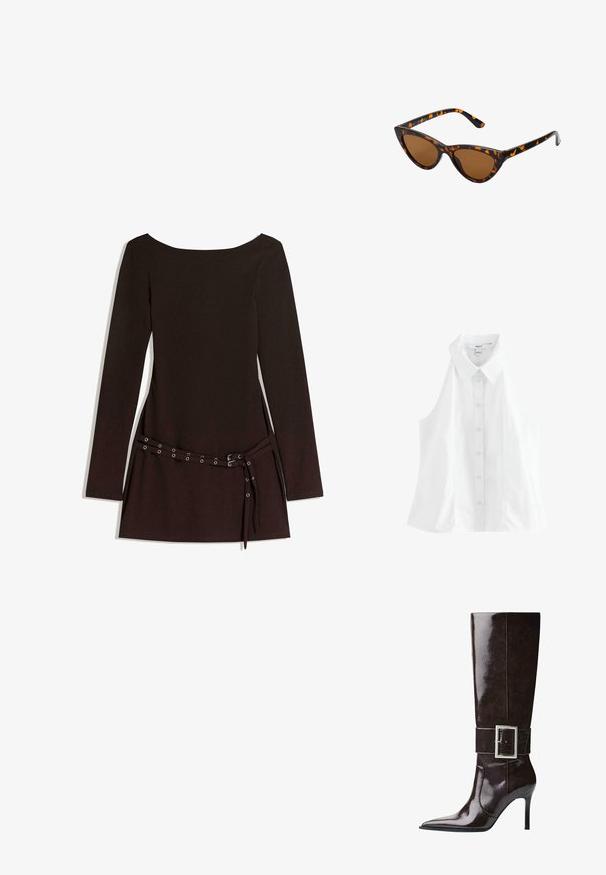 Veste de motard en simili cuir marron avec larges revers, fermetures éclair argentées sur les poches et les manches, et sangles de ceinture ajustables à l'ourlet.; Chemise sans manches blanche avec un col pointu, fermeture à bouton sur le devant et une coupe décontractée. Fabriquée à partir d'un tissu lisse et léger.; Robe noire à manches longues avec un large décolleté, dotée d'une taille ceinturée avec des œillets en métal et d'une texture de tissu lisse.; Botte en cuir marron foncé, montée jusqu'au genou, avec un bout pointu, un talon aiguille et une large sangle ornée d'une grande boucle en argent rectangulaire.; Lunettes de soleil style œil de chat avec une monture en écaille de tortue noire et orange, verres marron et pointes effilées et élégantes. Présente un logo minimaliste sur la branche.; Le sac à main en or arbore un tissu texturé avec des clous métalliques ronds, une plaque logo triangulaire et une bandoulière en chaîne avec des œillets en métal ronds.