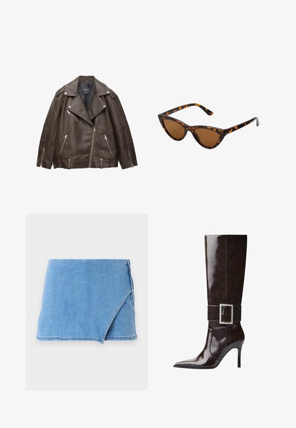 Bruine faux leren motorjack met brede revers, zilveren ritsen op de zakken en mouwen, en verstelbare riemlussen aan de zoom.; Beige haltertop met gedrapeerde voorkant, met een zachte textuur en kleine metalen accenten langs de halslijn. Vetersluiting aan de achterkant.; Denim minirok in lichtblauw, met een wikkelontwerp, een rafelige zoom en een gladde textuur. Geen aanvullende versieringen of patronen.; Donkerbruin leren kniebots met een spitse neus, stilettohak en een brede band met een grote rechthoekige zilveren gesp.; Cat-eye zonnebril met een zwart en oranje schildpadframe, bruine lenzen en slanke, puntige uiteinden. Bevat een minimalistisch logo op de poot.; Gouden handtas met gestructureerde stof, ronde metalen studs, een driehoekige logo-plaat en een kettinghengsel met ronde metalen oogjes.