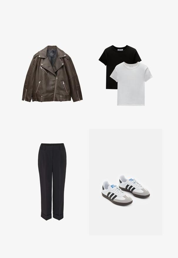Bruine faux leren motorjack met brede revers, zilveren ritsen op de zakken en mouwen, en verstelbare riemlussen aan de zoom.; Twee crew-neck t-shirts in zwart en wit, gemaakt van katoen. Ze hebben korte mouwen en een effen kleurontwerp zonder patronen of accenten.; Zwarte op maat gemaakte broeken met een geplooide voorkant, elastische tailleband, verkorte lengte en opgerolde mouwen. Gemaakt van een gladde stof.; Sportschoenen met een witte leren bovenkant, grijze suède neus en drie zwarte strepen. Bevat een blauw logo op de tong en een gestructureerde rubberen zool.
