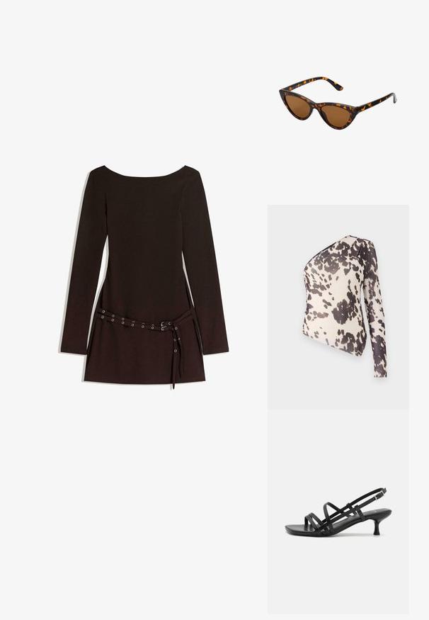 Hnedá faux kožená motorkárska bunda so širokými klopami, striebornými zipsami na vreckách a rukávoch a nastaviteľnými popruhmi na opasku na spodnom okraji.; Top na jedno rameno z ľahkého materiálu s béžovým pozadím a čiernymi nepravidelnými škvrnami, hladkou textúrou a priliehavým strihom.; Čierne šaty s dlhými rukávmi a širokým výstrihom, s opaskom v pase a kovovými očkami, vyrobené z hladkej textílie.; Čierne sandále na podpätku s viacerými prekríženými remienkami. Hladký materiál, špicatá špička a úzky podpätok. Nastaviteľný remienok okolo členka s prackou.; Mačacie slnečné okuliare s čiernym a oranžovým želvovinovým rámom, hnedými sklami a elegantnými, špicatými koncami. Obsahujú minimalistické logo na spánku.; Zlatá kabelka má textúrovanú látku s okrúhlymi kovovými hrotmi, trojuholníkovou logovou platňou a reťazovým popruhom s okrúhlymi kovovými očkami.; Náušnice z kovu v zlatej farbe s elegantným, zakriveným dizajnom. Majú charakteristický špicatý tvar, leštený povrch a uzáver na pánt.