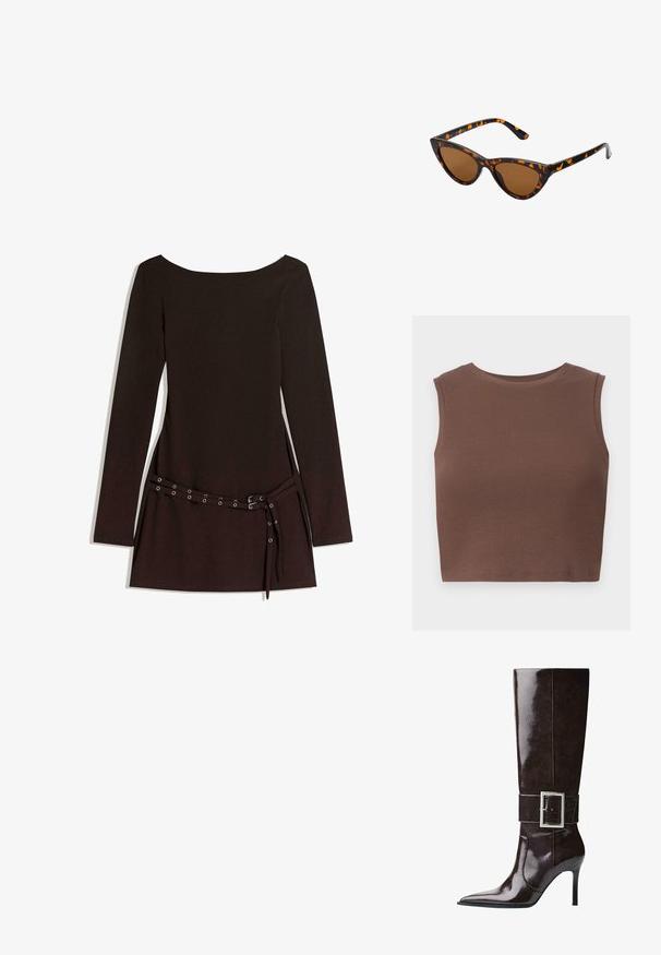 Bračna faux kožna bikerska jakna širokih revera, s srebrnimi zadrgami na žepih in rokavih ter nastavljivimi pasovi na robu.; Rjava rebrasta brezrokavnik s kratkim ovratnikom. Gladka tekstura in prilegajoča oblika poudarjata preprostost v dizajnu.; Črna dolga obleka z dolgimi rokavi in širokim izrezom, ki ima pas z zaponko in kovinskimi očesci ter gladko teksturo blaga.; Temno rjava usnjena škornja do kolen z ostrim nosom, stileto peto in širokim trakom z velikim pravokotnim srebrnim sponko.; Mačje oči sončna očala z okvirom v črno-oranžni želvej ohišji, rjavimi lečami in elegantnimi, ostrimi konicami. Imajo minimalistični logo na ročaju.; Zlata torbica ima teksturirano blago z okroglimi kovinskimi pokrovi, trikotno logotipno ploščico in verižico z okroglimi kovinskimi grometi.