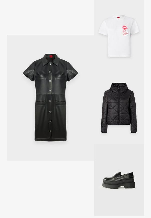 Juodas siuvinėtas švarkas su kapišonu, turintis priekinį užtrauktuką ir minkštą, glotnų tekstūrą. Audinyje matomas deimanto raštas.; Juodas odinis suknelė su trumpomis rankovėmis, apykakle, mygtukų priekyje ir dviem krūtinės kišenėmis. Pabrėžia sidabrinius elementus ir lygią tekstūrą.; Balta medvilnės marškinėliai su trumpomis rankovėmis, dekoruoti rožine lūpų atspaudą ir lūpdažio grafika, taip pat tekstu "La Nuit Devious."; Juodos odinės loafers tipo bateliai su masyviu platformos padu. Suapvalintas pirštas, priekinė siuvimo detalė ir subtilūs siuvinėjimo akcentai. Lygus, tekstūruotas padas.