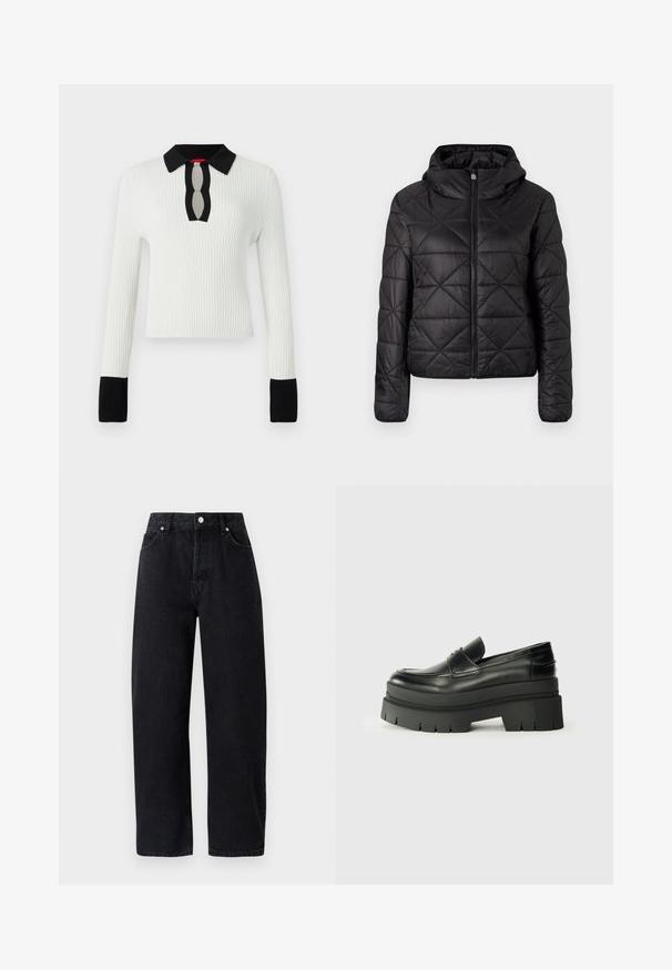 Sort quilted jakke med hætte, der har en frontlynlås og en blød, glat tekstur. Diamantmønster over stoffet.; Hvid ribbet striktop med sorte krave- og manchetter, med en nøglehul-udskæring. Lange ærmer og figursyet design.; Højtaljede, lige ben sorte denim jeans med fem lommer, metal nitter og tone-i-tone syninger. Glat tekstur, minimalistisk design.; Sorte læder loafers med en kraftig platformsål. Rund tå, forkant-søm detalje og subtile syninger. Flad, struktureret ydersål.
