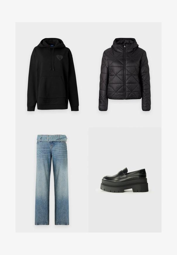 Musta tikkikangas takki hupulla, jossa on edessä vetoketju ja pehmeä, sileä pinta. Timanttikuosi kankaan pinnalla.; Mustat hupparit, jotka on valmistettu pehmeästä kankaasta, suunniteltu kengurupussilla, nauhoilla ja kiiltävällä sydänlogolla rinnassa. Yksinkertainen, rennon mallinen.; Vaaleansiniset farkut, joissa on leveä lahje, vyötäröllä on samasta kankaasta valmistettu vyö, ja värin vaalennus tummasta vaaleaksi tapahtuu vähitellen.; Musta nahkakengät, joissa on muhkea pohja. Pyöristetty kärki, etusauman yksityiskohtia ja hienovaraisia ompeluaksentteja. Littee, kuvioitu ulkopohja.