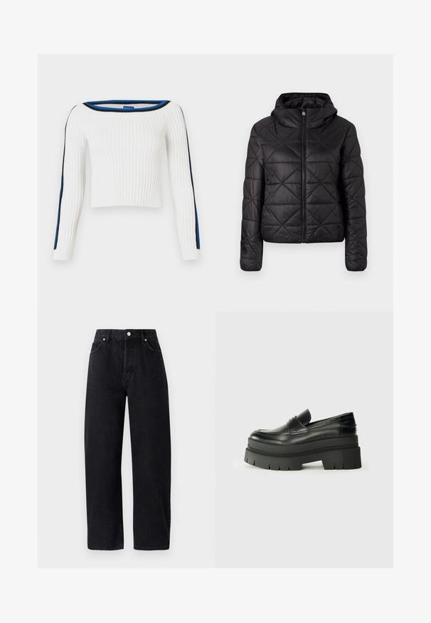 Zwarte gewatteerde jas met een capuchon, voorzien van een rits aan de voorkant en een zachte, gladde textuur. Ruitpatroon over de stof.; Geribbeld wit sweater met een off-shoulder ontwerp, voorzien van blauwe en zwarte strepen langs de mouwen en een cropped lengte.; Hoge taille, straight-leg zwarte denim jeans met vijf zakken, metalen klinknagels en tonale stiksels. Gladde textuur, minimalistisch ontwerp.; Zwarte lederen loafers met een chunky plateauzool. Rondere neus, naden aan de voorkant en subtiele stikselaccenten. Vlakke, gestructureerde buitenzool.