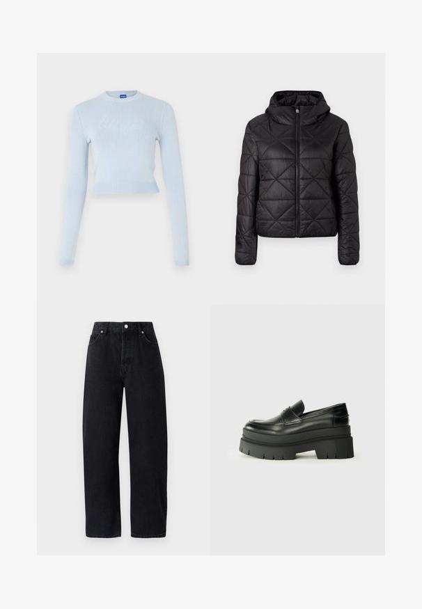 Mustardvärviline tikitud jakk kapuutsiga, millel on ees lukuga sulgemine ja pehme, sile tekstuur. Kangas on kaunistatud ruuduline muster.; Hele sinine lühike sviiter pikkade varrukatega. Omab soonikuga kaelust ja alumist serva, eelvaatega, mis näitab pehmet tekstuuriga logo ees.; Kõrge vöökohaga, sirged mustad denim püksid, viie taskuga, metallist nööpidega ja toon-toonis õmblustega. Sile tekstuur, minimalistik disain.; Mustad mustrennistest nahast mokad, millel on paks platvormi tald. Ümar varvas, eesmine õmblusdetail ja peened õmblemisaktsendid. Lame, tekstureeritud välistald.