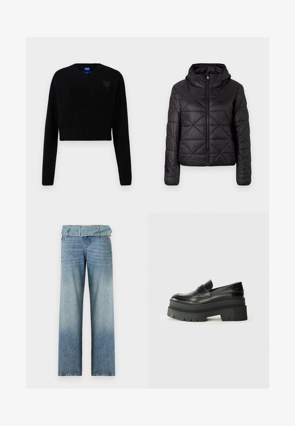 Sort quilted jakke med hætte, der har en frontlynlås og en blød, glat tekstur. Diamantmønster over stoffet.; Sort cropped sweater med V-hals, ribbet kant og lange ærmer. Har en lille struktureret hjerte detaljer på brystet. Fremstillet af blødt materiale.; Lyseblå denim jeans med et vidde-ben design, der har en matchende bælte-linning og en gradvis falmning fra mørk til lys.; Sorte læder loafers med en kraftig platformsål. Rund tå, forkant-søm detalje og subtile syninger. Flad, struktureret ydersål.