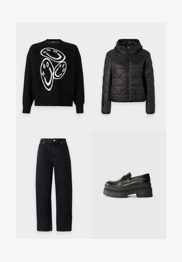 Schwarz gesteppte Jacke mit Kapuze, ausgestattet mit einem Frontreißverschluss und einer weichen, glatten Textur. Rautenmuster über den Stoff.; Schwarzer, gestrickter Pullover mit weißem grafischem Design, das aus kreisförmigen Formen und den Buchstaben "HGO" besteht. Gerippte Bündchen und Saum betonen die Struktur.; Hoch taillierte, gerade geschnittene schwarze Denim-Jeans mit fünf Taschen, Metallnieten und tonalem Nähen. Glatte Textur, minimalistisches Design.; Schwarze Lederloafer mit einer klobigen Plateausohle. Abgerundete Spitze, Nahtdetail auf der Vorderseite und dezente Nähte. Flache, strukturierte Außensohle.