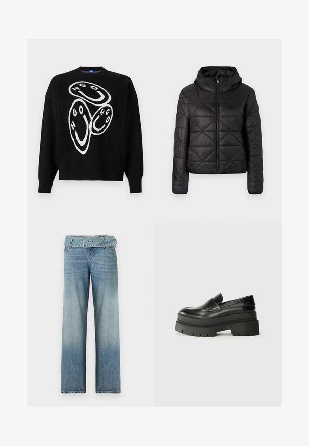 Crna jakna s kapuljačom, quilted, s prednjim patentnim zatvaračem i mekim, glatkim teksturom. Dijamantni uzorak po tkanini.; Crni pleteni džemper s bijelim grafičkim dizajnom koji uključuje kružne oblike i slova "HGO." Rebrasti manžeti i donji rub dodatno naglašavaju strukturu.; Svijetloplave traperice širokog kroja, s remenom u istoj boji i postepenim izblijeđenjem od tamne do svijetle nijanse.; Crne kožne mokasine s debelim platformom. Zaobljen vrh, detalj s prednjim šavom i suptilni akcenti šivanja. Ravni, teksturirani potplat.