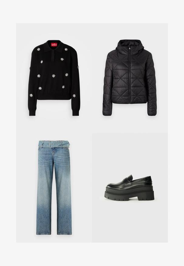 Schwarz gesteppte Jacke mit Kapuze, ausgestattet mit einem Frontreißverschluss und einer weichen, glatten Textur. Rautenmuster über den Stoff.; Schwarzer Pullover mit Kragen, verziert mit silbernen Blumenapplikationen, mit gerippten Bündchen und Saum.; Weißes Baumwoll-T-Shirt mit kurzen Ärmeln, das einen rosa Lippenabdruck und eine Lippenstiftgrafik zeigt, zusammen mit dem Text "La Nuit Devious."; Helleblaue Jeans mit weitem Bein, ausgestattet mit einem passenden, gürtelschnallengeschlossenen Bund und einem allmählichen Verlauf von dunkel zu hell.; Schwarze Lederloafer mit einer klobigen Plateausohle. Abgerundete Spitze, Nahtdetail auf der Vorderseite und dezente Nähte. Flache, strukturierte Außensohle.