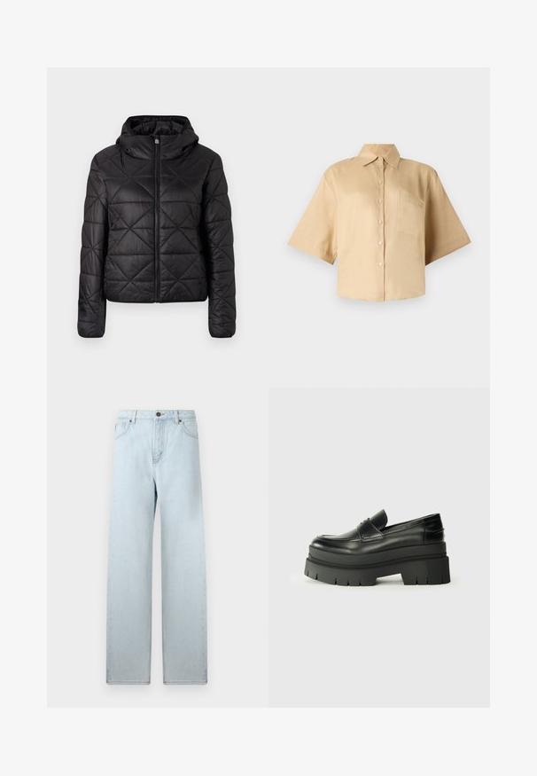 Crna jakna s kapuljačom, quilted, s prednjim patentnim zatvaračem i mekim, glatkim teksturom. Dijamantni uzorak po tkanini.; Bež košulja kratkih rukava s klasičnom kragnom, zatvaranjem na gumbe sprijeda i džepom na lijevoj strani prsiju. Glatka tkanina bez vidljivih uzoraka ili tekstura.; Svijetloplave široke traperice s visokim strukom, prednjim džepovima i kopčanjem na gumbi. Glatka tekstura denima, minimalno izblijeđena, ravni kroj.; Crne kožne mokasine s debelim platformom. Zaobljen vrh, detalj s prednjim šavom i suptilni akcenti šivanja. Ravni, teksturirani potplat.