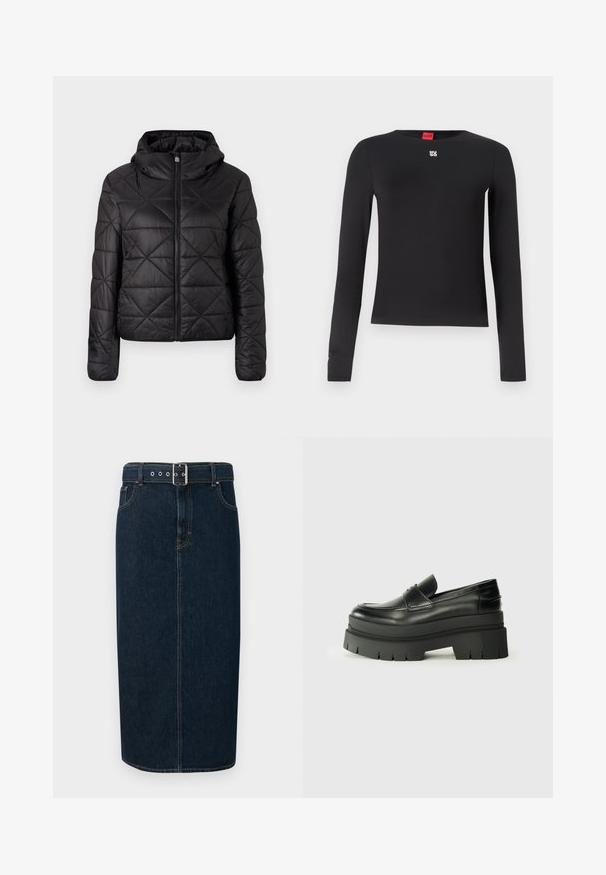 Mustardvärviline tikitud jakk kapuutsiga, millel on ees lukuga sulgemine ja pehme, sile tekstuur. Kangas on kaunistatud ruuduline muster.; Musta pika varrukaga särk, mis on valmistatud siledast kangast. Omab ümmargust kaelust ja väikest hõbedast logo rinnal. Minimalistlik disain.; Tumedast sinisest denimist midi seelik, otsek lõikega, varustatud pandlapsega, hõbedaste detalidega ja kontrastsete õmblustega servades.; Mustad mustrennistest nahast mokad, millel on paks platvormi tald. Ümar varvas, eesmine õmblusdetail ja peened õmblemisaktsendid. Lame, tekstureeritud välistald.