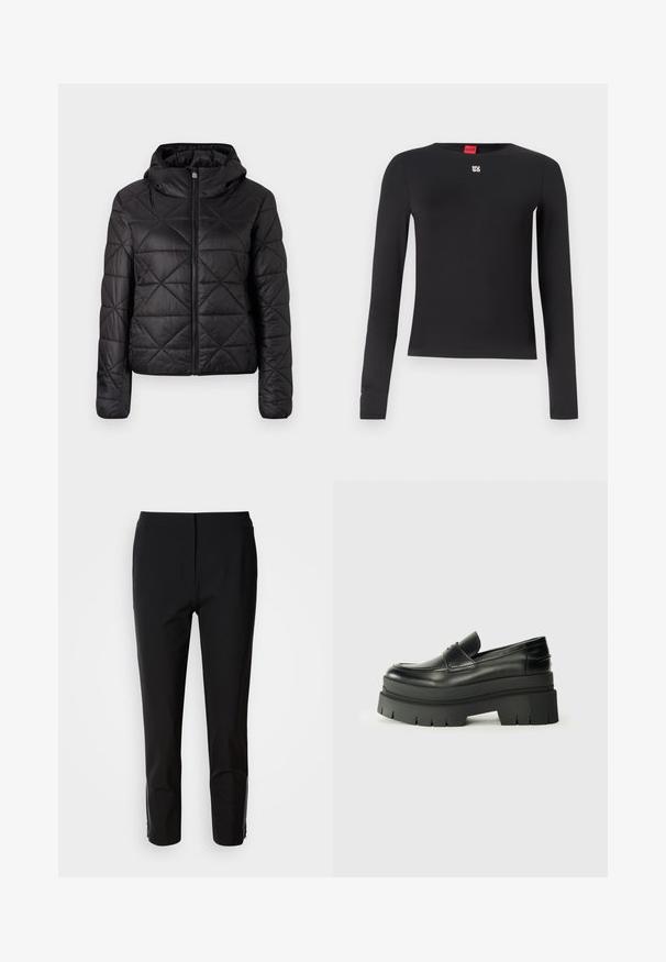 Sort quilted jakke med hætte, der har en frontlynlås og en blød, glat tekstur. Diamantmønster over stoffet.; Sort langærmet skjorte lavet af glat stof. Har en rund halsudskæring og et lille sølvlogo på brystet. Minimalistisk design.; Sorte bukser med en lige ben-design, lavet af glat stof. Har lynlåsdetaljer på de nederste sider. Rent, minimalistisk stil.; Sorte læder loafers med en kraftig platformsål. Rund tå, forkant-søm detalje og subtile syninger. Flad, struktureret ydersål.