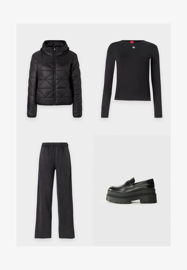 Černá prošívaná bunda s kapucí, která má přední zip a měkkou, hladkou texturu. Diamantový vzor na látce.; Černé dlouhé tričko s hladkým materiálem. Má kulatý výstřih a malé stříbrné logo na hrudi. Minimalistický design.; Černé široké kalhoty s elastickým pasem, vyrobené z měkké látky. Hladký povrch, volný střih a bez viditelných kapes nebo kování.; Černé kožené loafers s robustní platformovou podrážkou. Kulatá špička, přední šev a jemné akcenty prošití. Plochá, texturovaná podrážka.