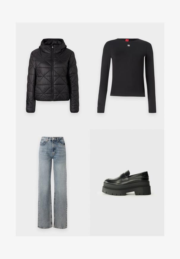 Črn podložen plašč s kapuco, ki ima sprednji zadrgo in mehko, gladko teksturo. Diamantni vzorec po celotni tkanini.; Črna dolga majica z dolgimi rokavi, narejena iz gladkega materiala. Ima krožni izrez in majhen srebrn logotip na prsih. Minimalističen dizajn.; Svetlo modri traper hlaci z visokim pasom, širokimi nogavicami, izblitjem in subtilnimi poškodbami. Klasičen stil s petimi žepi.; Črne usnjene loafer čevlje s debelim platformastim podplatom. Okrogla oblika, detajl na sprednji šivi in subtilni šivi. Raven, teksturiran podplat.