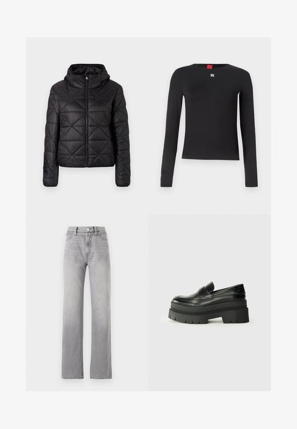 Chaqueta acolchada negra con capucha, que cuenta con una cremallera frontal y una textura suave y lisa. Patrón de diamante en toda la tela.; Camisa negra de manga larga hecha de un tejido suave. Presenta un cuello redondo y un pequeño logotipo plateado en el pecho. Diseño minimalista.; Jeans de mezclilla gris claro con una cintura alta, diseño de pierna recta, desgaste sutil y estilo clásico de cinco bolsillos. Cierre de botón metálico y cremallera.; Mocasines de cuero negro con suela de plataforma contundente. Punta redondeada, detalle de costura en la parte delantera y sutiles acentos de costura. Suela plana y texturizada.