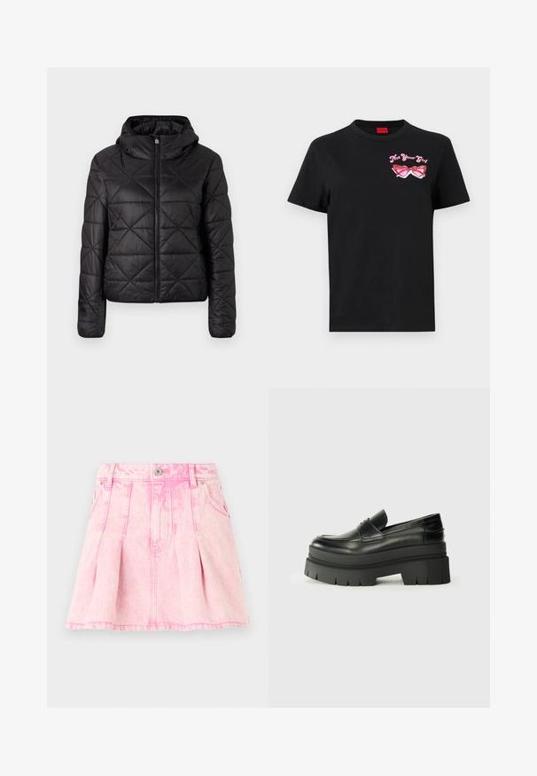 Svart quilted jakke med hette, med frontglidelås og en myk, jevn tekstur. Diamantmønster over stoffet.; Svart bomull T-skjorte med korte ermer som har et rosa grafisk motiv av solbriller og teksten "Not Your Girl" på venstre brystområde.; Rosa denimskjørt med folder, knapp- og glidelåslukking, fem lommer og dekorativ søm. Distressed tekstur i en lys nyanse.; Svarte skinnloafers med en kraftig plattformsåle. Rund tå, fremre sømdetalj og subtile sømdetaljer. Flat, teksturert yttersåle.